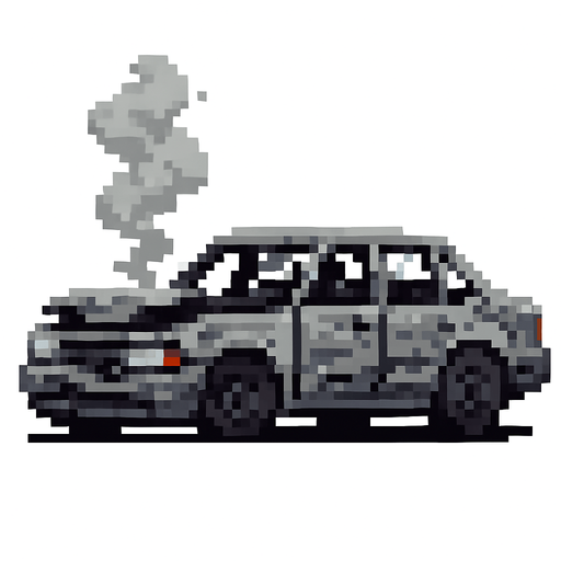 A wrecked grey car with broken windows and smoke coming from the hood but pixel art style . No background. Transparent background. Blank background. No shadows. 2d. In-Game asset. flat