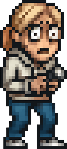 Create a pixel-art main character sprite of a scared blonde woman for a 2D horror survival game. She should have light blonde hair (shoulder length or tied in a ponytail), wide anxious eyes, and a pale complexion. Her outfit should be casual: a light-colored shirt or hoodie, jeans, and sneakers. The character should appear visibly nervous or frightened – slightly hunched posture, hands close to body, maybe holding a flashlight. Include subtle animation or idle pose showing fear. Style should match retro horror games. PNG with transparent background, front-facing idle stance..
In-Game asset.  2d.  High contrast.  No shadows