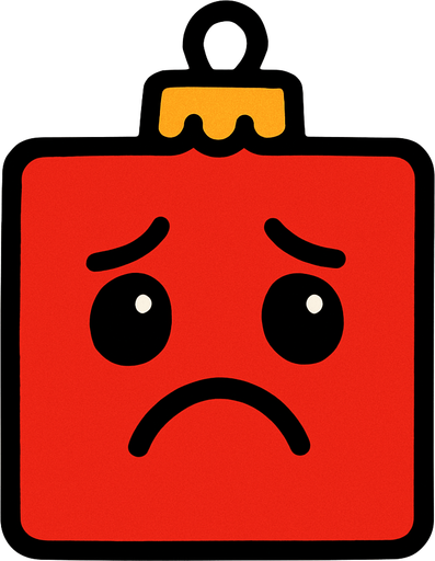 a sad square red Christmas decoration..
In-Game asset.  2d.  High contrast.  No shadows