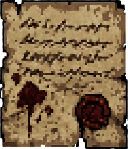 Create a pixel-art item of an old, mysterious letter for a horror-themed 2D game. The letter should be a yellowed, slightly torn piece of parchment with faded ink handwriting on it. Include smudges, old blood stains, or water damage for a haunting effect. The handwriting should look rushed or distressed. Fold marks or a wax seal (partially broken) can be added as details. It should look like something found in an abandoned house or crypt. PNG format with transparent background, suitable for inventory or collectible items..
In-Game asset.  2d.  High contrast.  No shadows