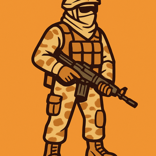 silahlı çöl kıyafeti giyen bir asker.
In-Game asset.  2d.  High contrast.  No shadows