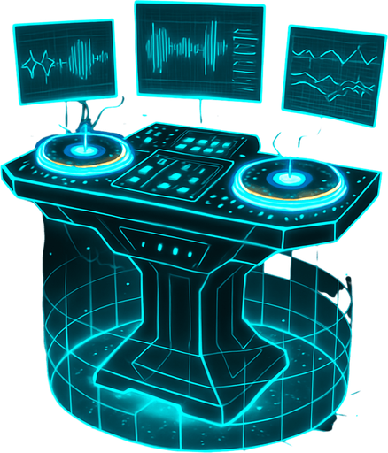 Una torre que es una mesa de DJ futurista y auto-programable, flotando sobre el suelo. Tendría múltiples pantallas holográficas que muestran complejos patrones de ondas sonoras y datos. Los platos serían discos de energía giratorios que emiten luz y chispas, y la torre en sí podría estar rodeada por un campo de fuerza o una rejilla de luz..
In-Game asset.  2d.  High contrast.  No shadows