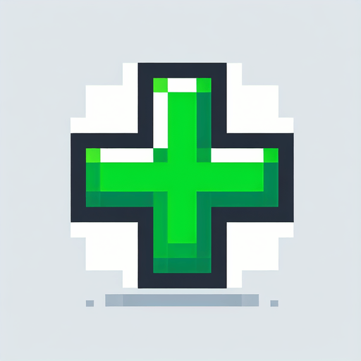 a green cross, icon, pixel style.
Single Game Texture. In-Game asset. 2d. Blank background. High contrast. No shadows.