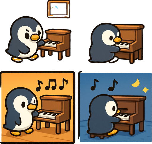 4-panel comic strip, no text, cute cartoon style, bright colors, black outlines.
Characters: Penguin Hero (small, determined) + Penguin Princess (elegant, crown) + Village Penguins
Central Theme: Music connects hearts, piano mastery wins love. Story: Hero commits to learning piano seriously

Panel 1: Hero finds small piano and sets up practice space
Panel 2: Hero practicing at sunrise, warm golden morning light
Panel 3: Musical notes gradually improve from wobbly to steady
Panel 4: Hero still practicing under moonlight, showing dedication through full day
In-Game asset.  2d.  High contrast.  No shadows