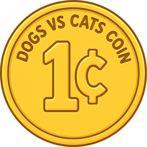 A golden shining coin with the words “dogs vs cats coin” at the top and the coin says “1¢” . No background. Transparent background. Blank background. No shadows. 2d. In-Game asset. flat