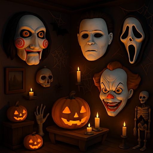 3D Scary room with many 3D decorations around, 3D scary masks of memes from movies around it.
In-Game asset.  3D.  High contrast.  No shadows. no jesus cross. no star of 6. no start of 5. no devil. HD colors
