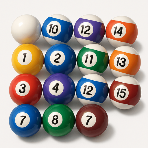 16 ball of billiard, 3D colors, 3d texture, HD colors.
In-Game asset.  High contrast.  No shadows. 3D