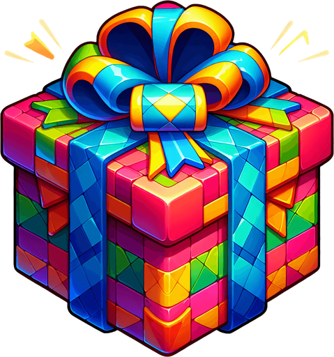 gift wrapped box, vivid colours. with bow on top Single Game Texture. In-Game asset. 2d. Blank background. High contrast. No shadows. Single Game Texture. In-Game asset. 2d. Blank background. High contrast. No shadows.