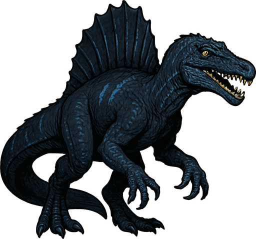 A large, realistic Spinosaurus dinosaur with dark navy-blue scaly skin, accented by lighter blue streaks along its sail and limbs. It has a long crocodile-like snout filled with sharp teeth and piercing yellow eyes. The sail on its back is tall and jagged, matching the dark tones of the body. Its tail is wide, flattened, and paddle-like—similar to a newt or salamander’s tail—designed for swimming. The muscular arms have large claws, and the overall posture is slightly hunched as if it’s ready to dive into the water. The skin texture shows rough scales, subtle wrinkles, and scars for a realistic semi-aquatic look..
In-Game asset.  2d.  High contrast.  No shadows