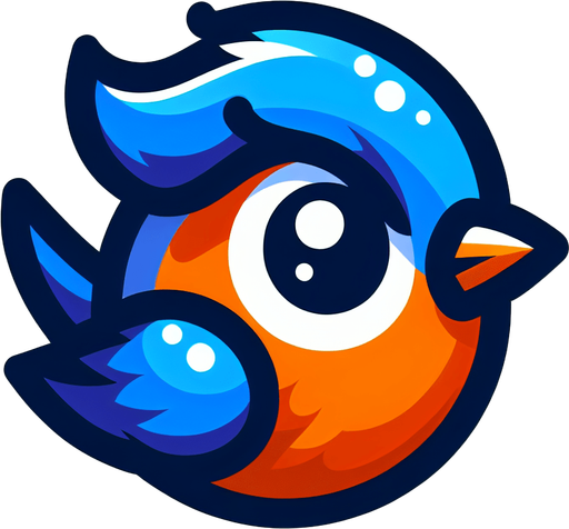 Single simple cartoon bird for a game titled "Flap & Bounce". The bird has lots blue and orange colors and is high contrast. Only bird. No shadows