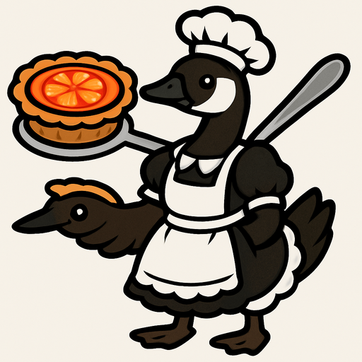 A Canadian Goose in maid chef outfit armed with spoon with tangerine pie on it.
In-Game asset.  2d.  High contrast.  No shadows