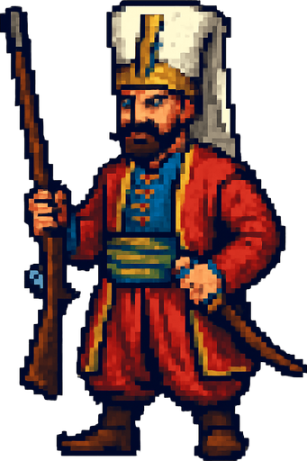 pixel detailed A Janissary of the Ottoman Empire.
In-Game asset.  2d.  High contrast.  No shadows