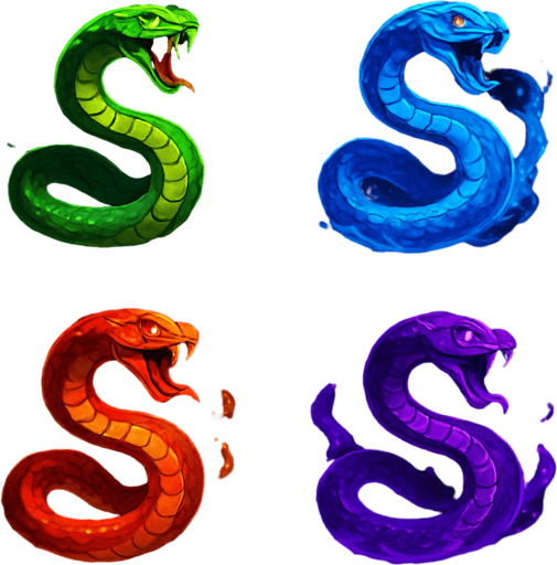 Serpent enemies assets with particles. HD colors. magical images.
In-Game asset.  2d.  High contrast.  No shadows