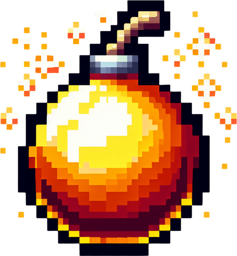 a cartoon bomb. bright. shiny. pixel art. no text. front view. already lit..
Single Game Texture. In-Game asset. 2d. Blank background. High contrast. No shadows.