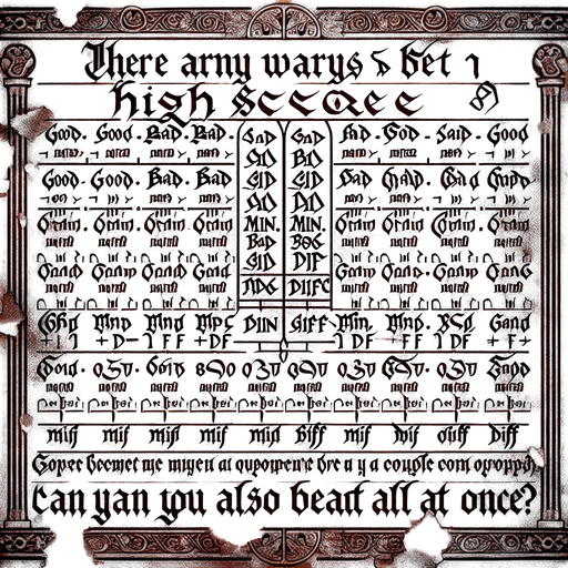 There is the text: "there are many ways zo beat a highscore, but can you also beat all in once?" On a pergament with many highscores called good, bad, max, min and diff.