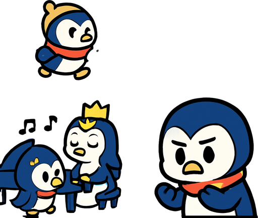 4-panel comic strip, no text, cute cartoon style, bright colors, black outlines.
Characters: Penguin Hero (small, determined) + Penguin Princess (elegant, crown) + Village Penguins
Central Theme: Music connects hearts, piano mastery wins love.  Hero sees Princess's beautiful piano playing, falls in love

Panel 1: Hero living normal life in penguin village
Panel 2: Hears beautiful piano music from Princess's ice palace
Panel 3: Sees Princess playing gracefully, hearts float around Hero
Panel 4: Hero determined but nervous, looking at his flippers.
In-Game asset.  2d.  High contrast.  No shadows