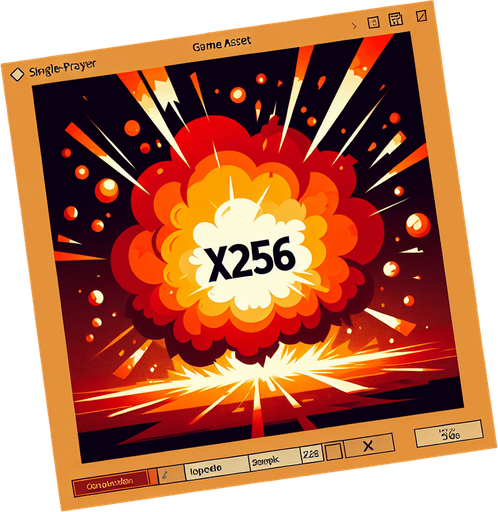 爆炸，里面有“X256”的字样,暖色调.
Single Game Texture. In-Game asset. 2d. Blank background. High contrast. No shadows.