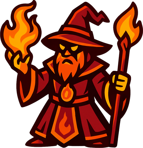 a fire wizard.
In-Game asset.  2d.  High contrast.  No shadows