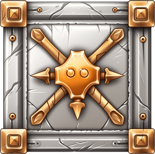 Single square button with bow and arrow on it. Metal button
Game Texture. In-Game asset. 2d. Pixelart. White background. Blank background. Low detail. High contrast.
