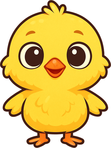 “A cute cartoon-style baby chick standing upright, designed as a game character. Big round eyes, small orange beak, fluffy yellow feathers, small wings, tiny feet. Bright and happy expression, simple colorful background, high-quality digital illustration, ideal for a mobile game character..
In-Game asset.  2d.  High contrast.  No shadows. cartoon style
