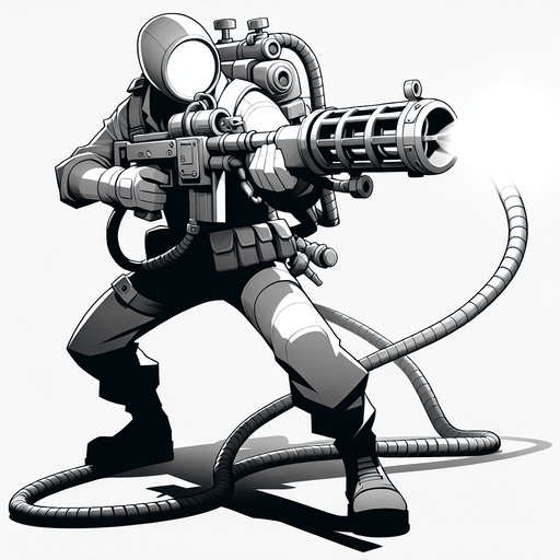 character with vaccum gun aiming front
  In-Game asset..
Single Game Texture.  In-Game asset.  2d.  Blank background.  High contrast.  No shadows