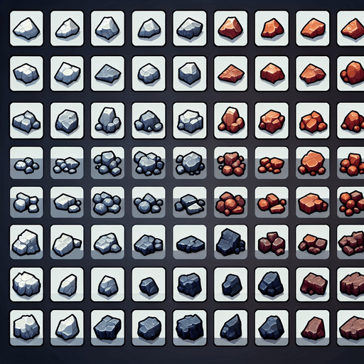 Create a sprite sheet with images of various rocks.  The design should be exclusively top views. Arrange the components on a dark background, neatly aligning each part in rows and columns for easy identification and use in game development..
Single Game Texture. In-Game asset. 2d. Blank background. High contrast. No shadows.