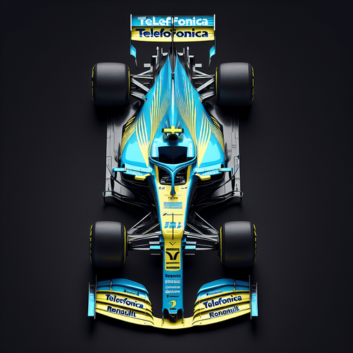 F1 Renaiult race car. Top View. Skyblue and yellow body with deepblue stripes. Deepblue rearwing. Sponsor: "Telefonica"text neonyellow. White"Team Spirit" on front wing. Deepblue"RENAiULT" text on body..
Single Game Texture. In-Game asset. 2d. Blank background. High contrast. No shadows.