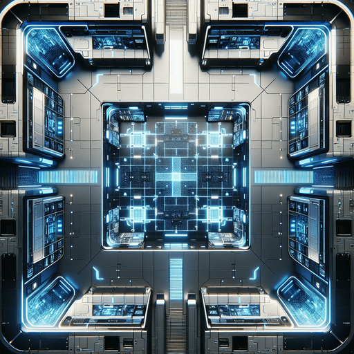 A high-tech command center with a glowing grid floor and sleek metallic walls. The room is viewed from directly above and has open entrances centered in the middle of each wall (top, bottom, left, and right) for easy transitions. Neon lights and holographic screens line the walls, casting a blue glow..
Full-frame, top-down view of a futuristic command center. Glowing grid floor, metallic walls, neon lights. Open entrances centered on each wall: top, bottom, left, and right. Blue glow, no perspective distortion.