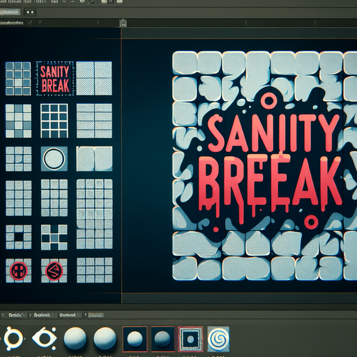 Horror game UI sign, "SANITY BREAK"
Single Game Texture. In-Game asset. 2d. Blank background. High contrast. No shadows.