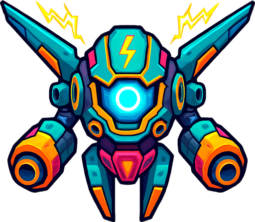 different cyber electro flying enemy from the front side facing camera. HD colors. separated
In-Game asset.  2d.  High contrast.  No shadows