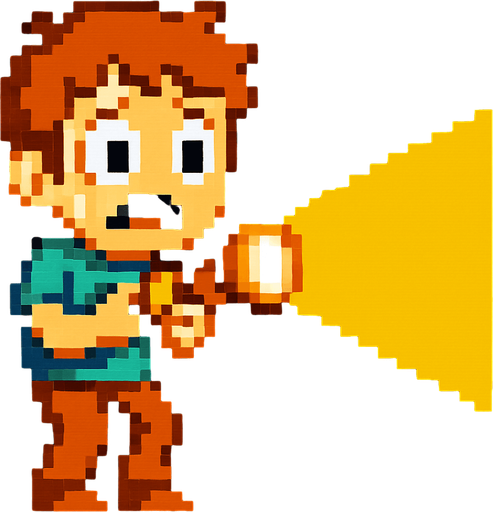 a scared pixel art kid with a flashlight.
In-Game asset.  High contrast.  No shadows