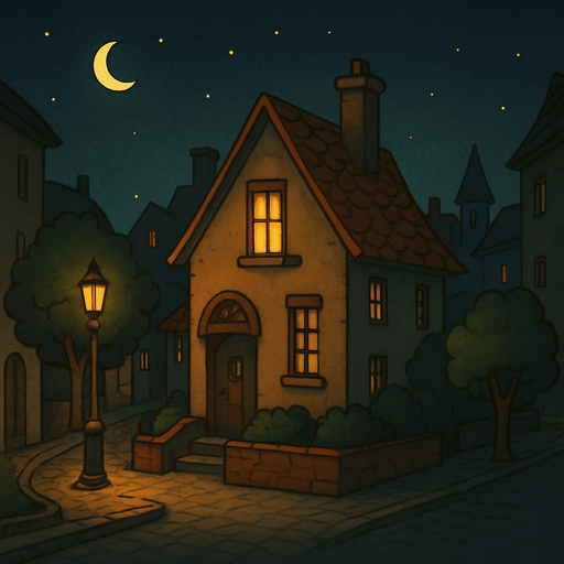 Create a detailed visual description or conceptual overview of a town at nighttime, featuring a house with a light on. The style should emulate the aesthetic and atmosphere typical of the Professor Layton game series, characterized by a charming, slightly whimsical, and puzzle-adventure ambiance with warm, inviting lighting and intricate, storybook-like details.

# Steps

1. Begin by envisioning a quaint town at night, with subdued lighting and a peaceful, mysterious aura.
2. Highlight a single house with a light on in a window, symbolizing activity or a story element.
3. Incorporate elements characteristic of the Professor Layton style: warm color palettes, soft glows, gently stylized architecture, and intricate details reminiscent of handcrafted illustrations.
4. Emphasize atmosphere — combine tranquility with a hint of intrigue suitable for an adventure puzzle setting.
5. Optionally, include natural elements like trees or lampposts that match the game's stylistic choices..
In-Game asset.  2d.  High contrast.  No shadows