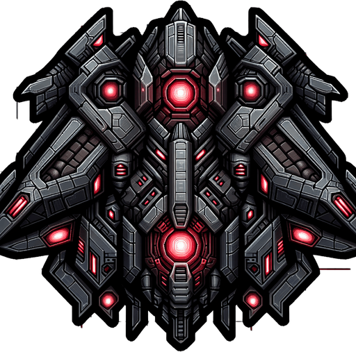 A 2D top-down view of an alien spaceship with a dark metallic body, glowing red energy cores, and sharp angular wings. The design is sleek and futuristic, suitable for a space shooter game..
Single Game Texture.  2d.  Blank background.  High contrast.  No shadows