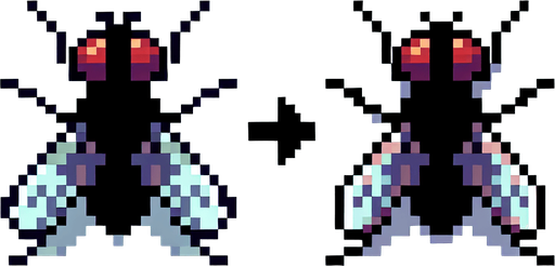 Genera una mosca mirando hacia la iziquierda en pixel art.
Single Game Texture.  In-Game asset.  2d.  Blank background.  High contrast.  No shadows