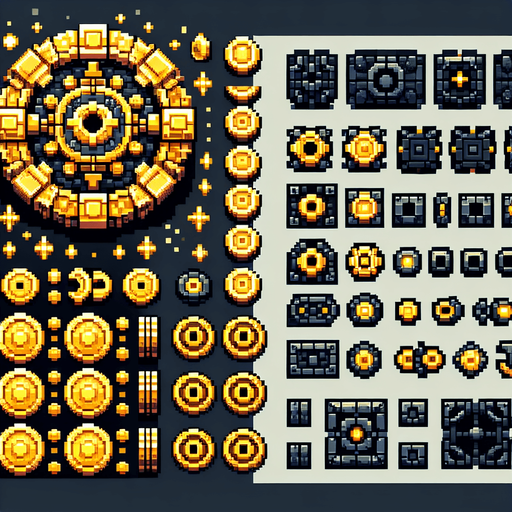 Create a sprite sheet featuring various components of a gold coin, incorporating dungeon design elements. The design should include top-down views of gold coin. Each part should be distinct, with a cohesive color scheme of metal, gold and black, accented by glowing lights for a fantasy look. The style should be detailed pixel art, reminiscent of classic 32-bit era video games, with glowing lights serving as style guides. Arrange the components on a dark background, with each part neatly aligned in rows and columns for easy identification and use in game development..
Single Game Texture. In-Game asset. 2d. Blank background. High contrast. No shadows.