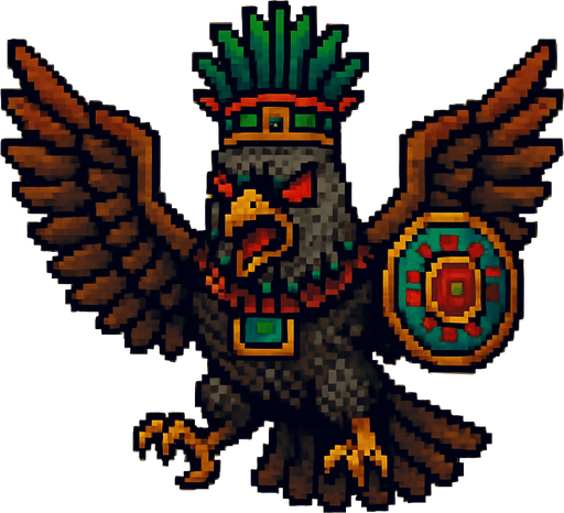 Genérame una paloma guerrero azteca con eso patrones, estilo pixelar, con una apariencia maligna, ojos rojos, rabioso. Unidad aerea con alas. Animal.
In-Game asset.  2d.  High contrast.  No shadows
