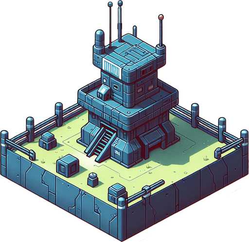 defense_station.
Single Game Texture.  In-Game asset.  2d.  Blank background.  High contrast.  No shadows