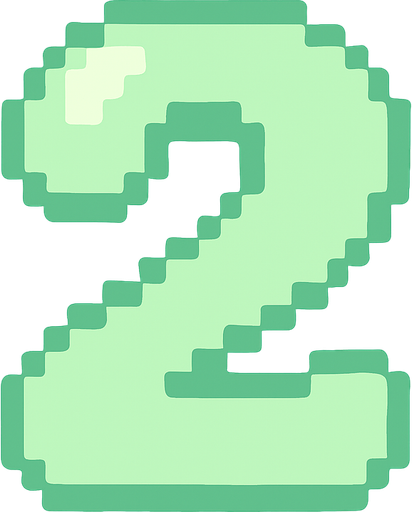 A pixel art number "2" designed for a cozy, cute retro 2D game UI with a bird theme. The number is rendered in soft pastel light green tones to harmonize with the gentle and sweet aesthetic of the game. It has a clean, simple, and rounded pixel style with no harsh edges, fitting perfectly within the pixel art UI style. The number is bold and easily readable at small sizes..
In-Game asset.  2d.  High contrast.  No shadows. pixel art. retro. 2d ui. number. pastel light green. simple. rounded edges. bold. cute. minimal