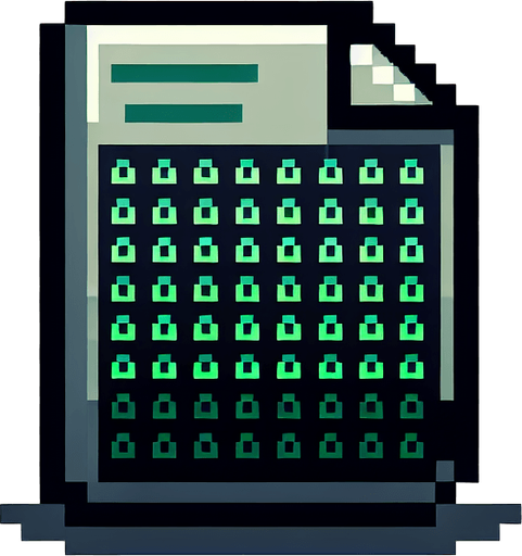 A minimalist UI website icon for a retro hacking app, representing a text-based file. The icon is a simple rectangular shape with a slightly folded corner at the top-right, rendered in a clean, pixel-art style. A few green binary digits ('0' and '1') are subtly displayed across the surface in a small, stylized font, blending seamlessly with the retro theme.

The design is stripped down to essential elements, using a monochromatic palette with a soft green glow to evoke the feel of a classic hacking interface. The overall look is clean, minimalist, and perfectly aligned with a retro tech aesthetic..
Single Game Texture. In-Game asset. 2d. Blank background. High contrast. No shadows.