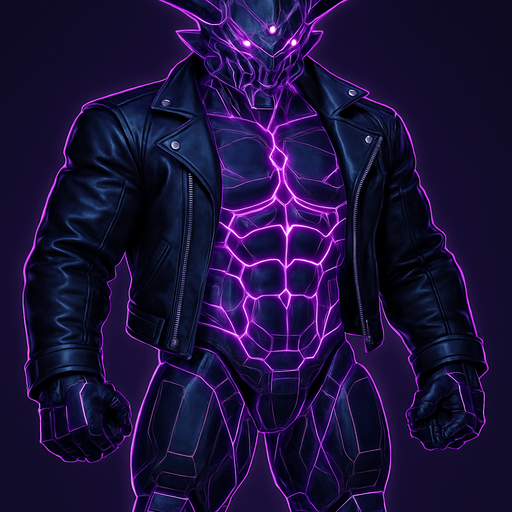 Black leather biker jacket longsleeves bare segmented neon cyberpunk pecs abs muscles robot monster hunk Neon cyberpunk 3d hologram corporate occult demon android mecha robot sentinel guard soldier machine monster fully in frame no part cut off no background anime futuristic