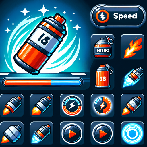 I need a 2D Nitro Boost asset for my street racing game on the UPIT FRVR platform. Please provide:

A Nitro item/power-up icon (e.g., a glowing canister, fuel bottle, or energy orb)

An optional nitro flame trail effect (to show speed burst behind the car when nitro is activated)

Asset Requirements:

Bright, high-energy colors (like blue, orange, or electric white)

Should look exciting and clearly indicate a speed power-up

Sized appropriately to place on the road for pickup or to attach behind the car when used

Style should match a fun and fast-paced 2D racing game.
Single Game Texture.  In-Game asset.  2d.  Blank background.  High contrast.  No shadows