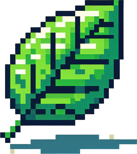 pixel art green leaf.
Single Game Texture.  In-Game asset.  2d.  Blank background.  High contrast.  No shadows