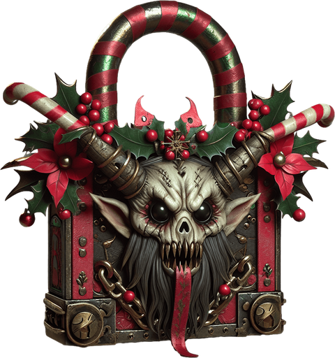 eerie christmas inspired krampus lock with a resident evil style.
Single Game Texture. In-Game asset. 2d. Blank background. High contrast. No shadows.