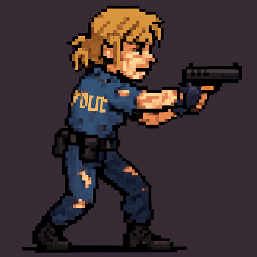 A side-view, animated blonde woman in a police uniform holding a gun. She looks worn out, and her clothes are torn..
In-Game asset.  2d.  High contrast.  No shadows. pixel art
