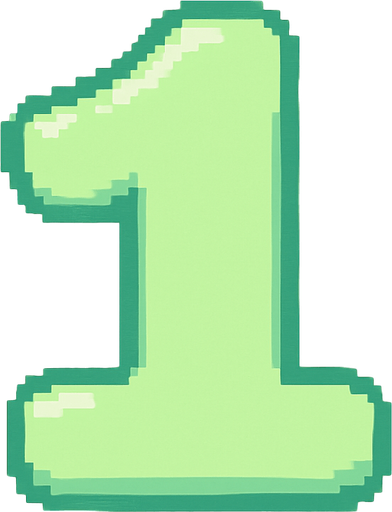 A pixel art number "1" designed for a cozy, cute retro 2D game UI with a bird theme. The number is rendered in soft pastel light green tones to harmonize with the gentle and sweet aesthetic of the game. It has a clean, simple, and rounded pixel style with no harsh edges, fitting perfectly within the pixel art UI style. The number is bold and easily readable at small sizes..
In-Game asset.  2d.  High contrast.  No shadows. pixel art. retro. 2d ui. number. pastel light green. simple. rounded edges. bold. cute. minimal