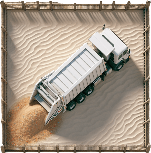 Zenith view of a white rectangular Harvester shape of a garbage truck with a triangular head. Harvesting on sand, with flowing spice in the back. inside a square fence.
Zenith view. Directly overhead. Plumb view.