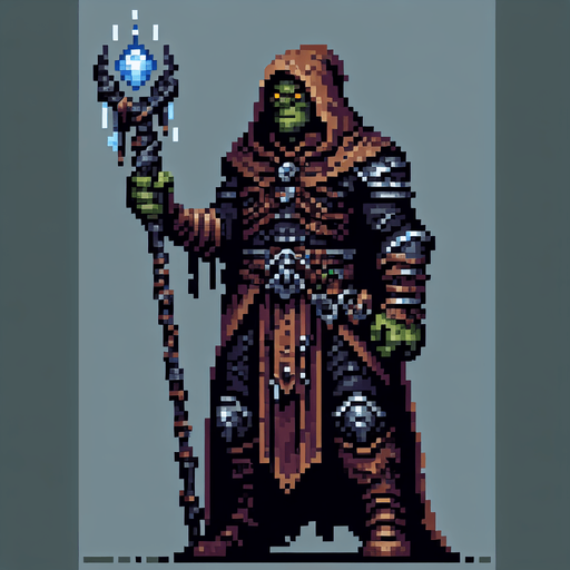 orc mage, leather armor, staff with glowing crystal with freezing power. front facing, arms and legs clearly visible, wearing a hood made of cloth..
Single Game Texture.  In-Game asset.  2d.  Blank background.  High contrast.  No shadows, 16 bit pixel art