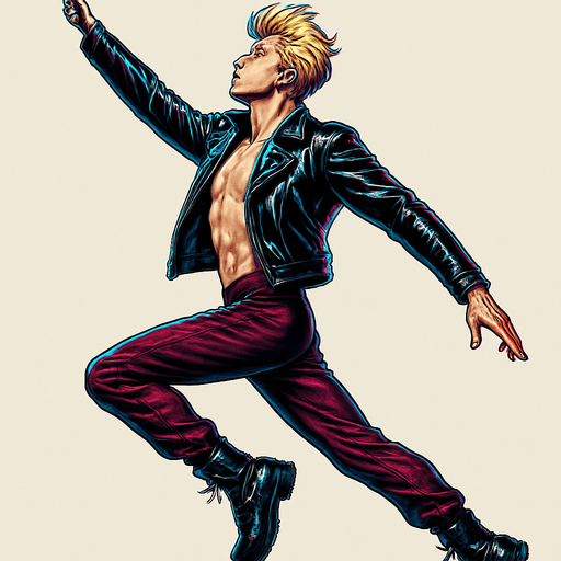 Swishy graceful man opposite arm and leg in front Cyberpunk manga, side profile view jumping pushing off the ground one leg extended one knee raised arm extended overhead Superman flying but fashion pose looking skyward torpedo magic launching leap jump, shiny black leather biker jacket longsleeves shirtless Skinny abs blonde pompadour guy, wine red joggers combat boots, Background removed, "Full-body character, entirely in frame, no cropping of face, head, or feet" "Complete character visible, from head to toe, fully centered in the image" "Entire character, including face and boots, fully within the frame" Character fully contained within a square frame, no edges cut off fashion model idle action pose