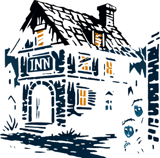 A rundown inn on the edge of a village, candlelight flickering through broken shutters, children peeking from dark corners, cold and lonely air.
In-Game asset.  2d.  High contrast.  No shadows