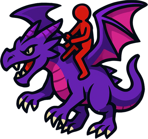 Purple dragon with a red stickman riding it.
In-Game asset.  2d.  High contrast.  No shadows
